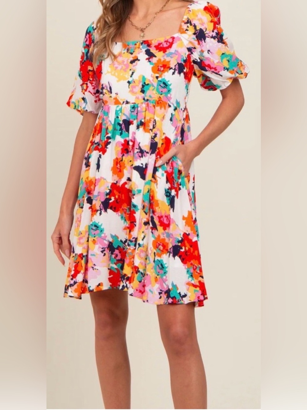 ✨🧡Bright Floral Square-Neck Mini Dress Designed by andthewhy - Picture 2 of 6